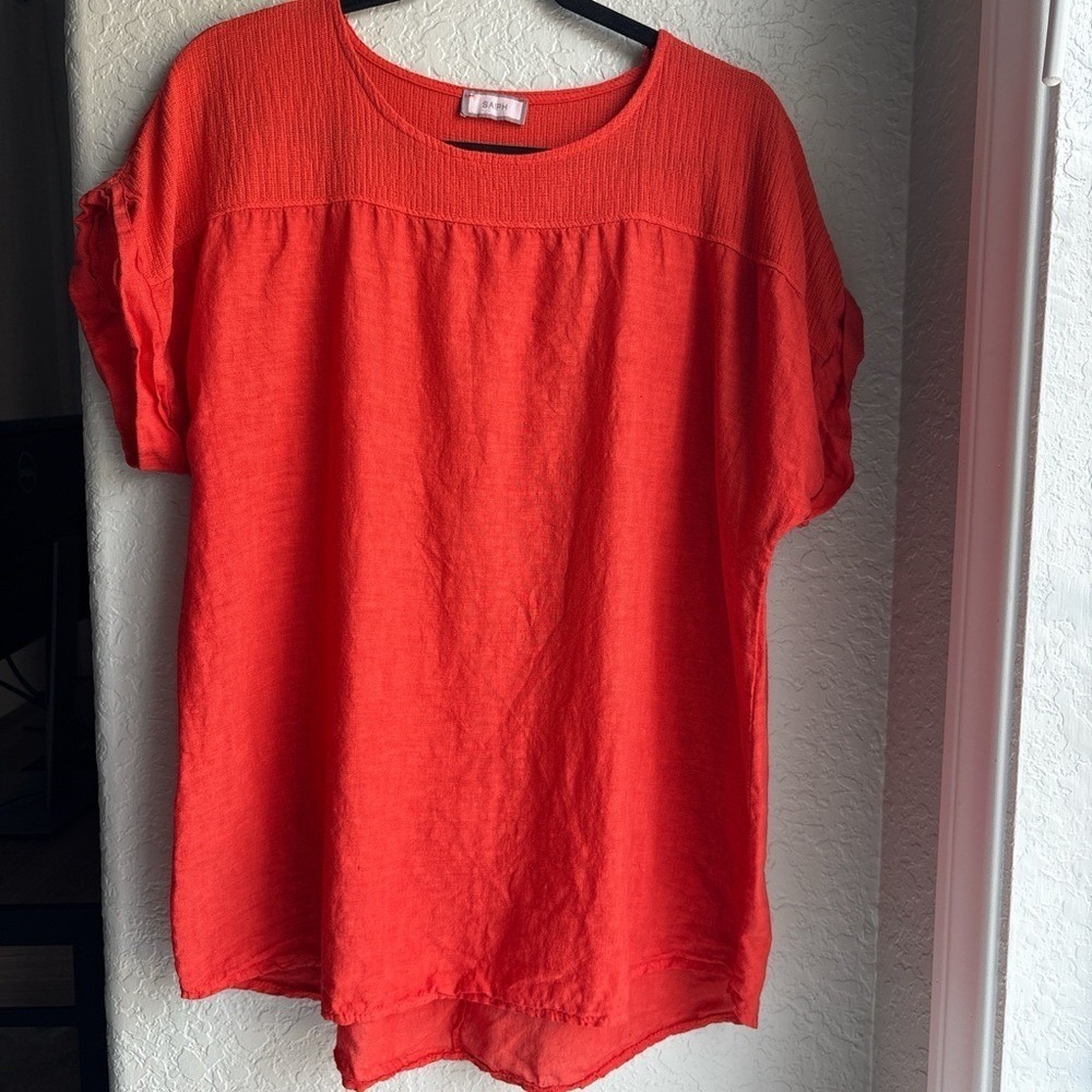Saiph Womens Linen Short Sleeve XL Orange Lightweight Spring Peasant‎ Boho Top